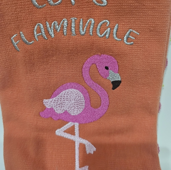 2pc PINK FLAMINGO "Let's Flamingle" Embroidered Polka Dot Dish Towels - Picture 5 of 6